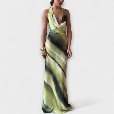 ZUZANA | Klasické Maxi Šaty s Tie-Dye Gradient Tiskem a Cowl Neck Halter Vázáním