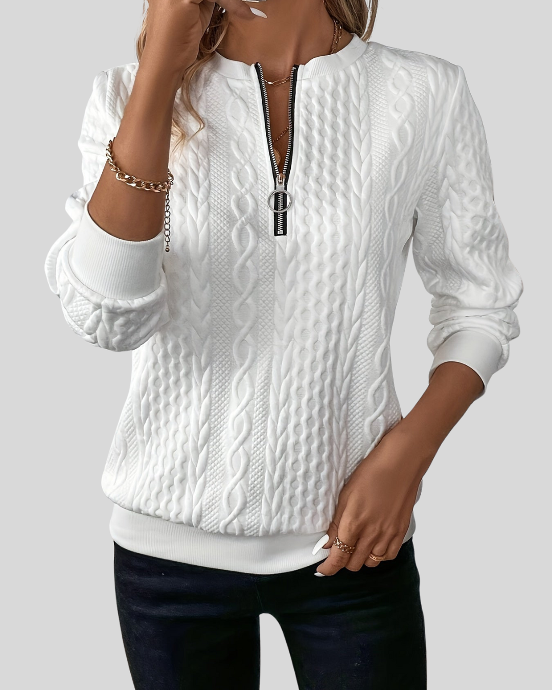 ZUZANA | Dámský svetr na zip s copánkovým vzorem