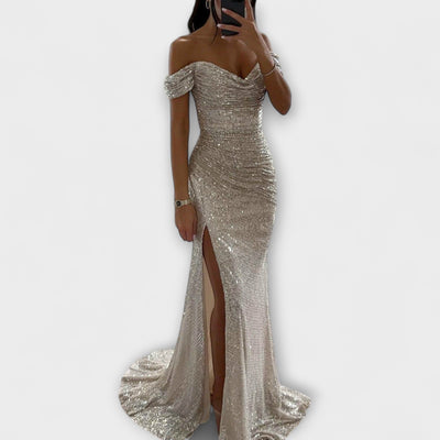 ZUZANA | Letní Maxi Šaty – Bezramenné Glitrové Šaty s Rozparkem pro Svatební a Oslavní Příležitosti
