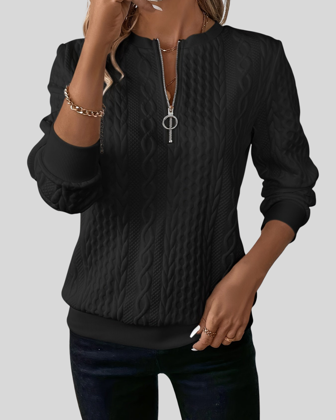 ZUZANA | Dámský svetr na zip s copánkovým vzorem