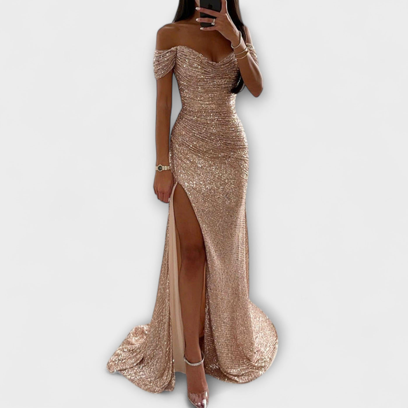 ZUZANA | Letní Maxi Šaty – Bezramenné Glitrové Šaty s Rozparkem pro Svatební a Oslavní Příležitosti