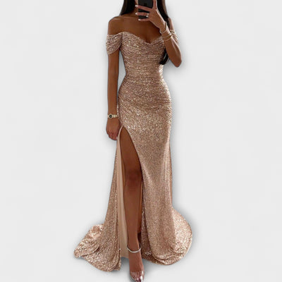 ZUZANA | Letní Maxi Šaty – Bezramenné Glitrové Šaty s Rozparkem pro Svatební a Oslavní Příležitosti