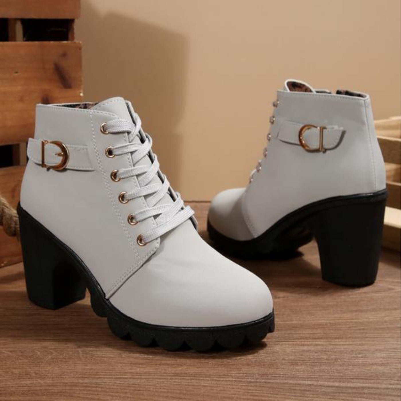 Beatrice | Chic Lace-Up Metal Buckle Chunky Ankle Boots