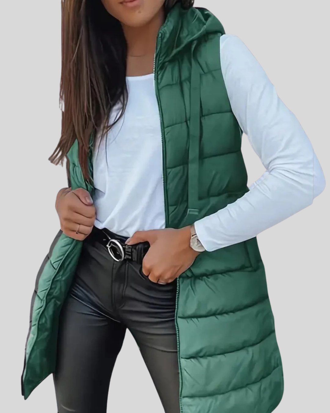 ZUZANA | Lehká bezrukávová dlouhá pufová vesta s kapucí