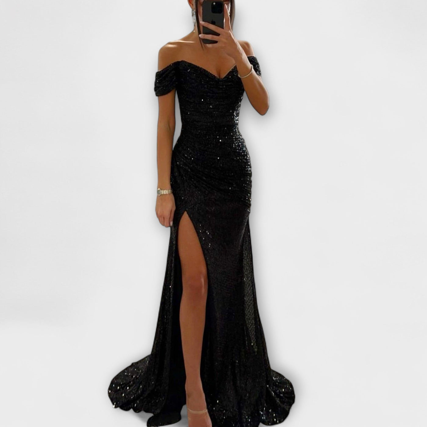 ZUZANA | Letní Maxi Šaty – Bezramenné Glitrové Šaty s Rozparkem pro Svatební a Oslavní Příležitosti