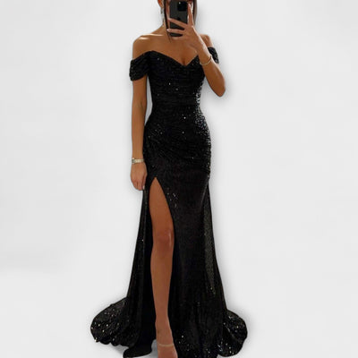 ZUZANA | Letní Maxi Šaty – Bezramenné Glitrové Šaty s Rozparkem pro Svatební a Oslavní Příležitosti