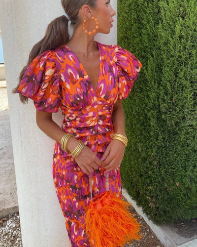 SIMONA | Elegantní šaty s výstřihem do V a balónovými rukávy